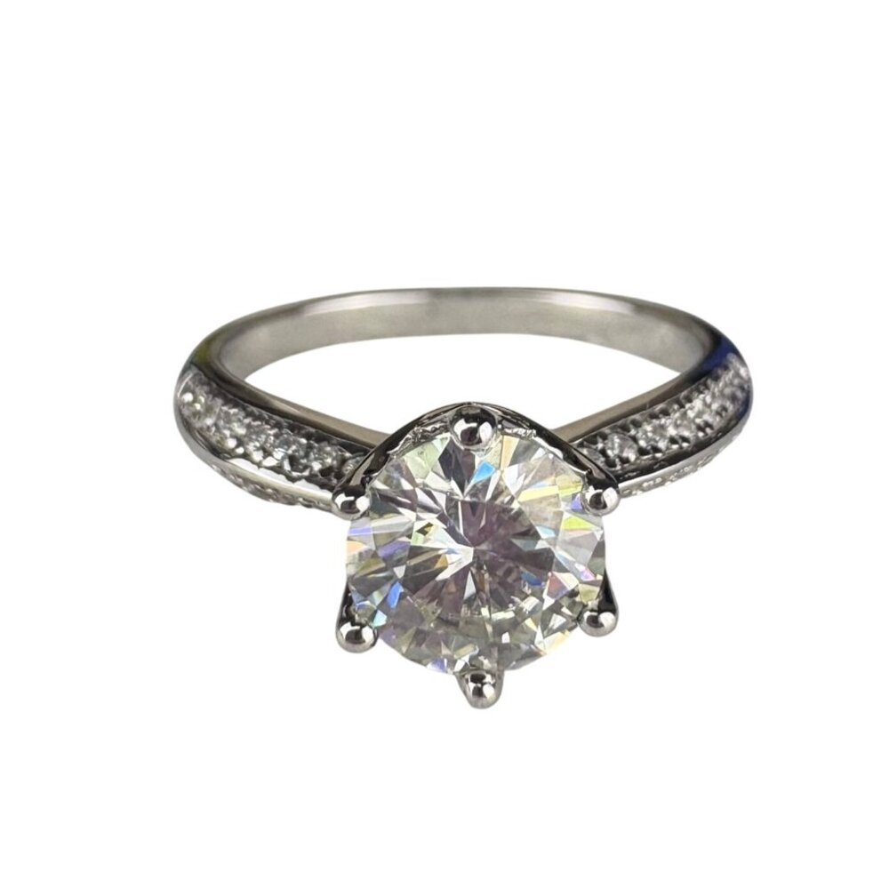 Sterling Silver Womens Moissanite Solitaire Ring With Accents Brilliant Cut Size